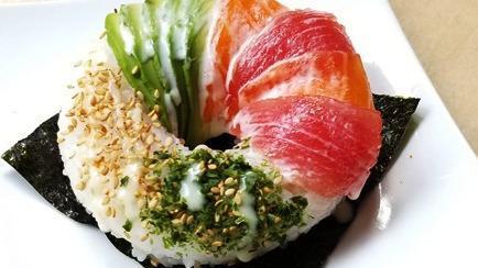 Sushi Donut · spicy crunch tuna, salmon, tuna, avocado, sesame seed, sweet mayo sauce