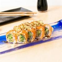 Little Mermaid · Shrimp tempura, cucumbers topped with spicy crab sticks, tempura flakes, spicy mayo and eel ...