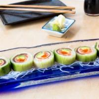 Naruto Roll · Tuna, yellowtail, salmon, avocado and masago wrapped in cucumber wrap with ponzu sauce. Incl...