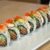 Tiger Roll · Spicy salmon, cucumber and masago topped with shrimp , avocado and spicy mayo. Includes ging...