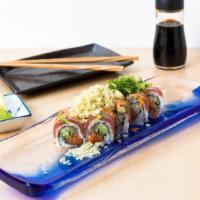 Hot Sea · Salmon and cucumbers topped with seared tuna, crunch, scallions and spicy mayo. Includes gin...