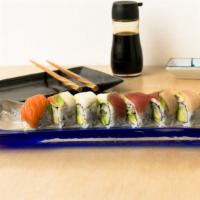 Rainbow Roll · California roll topped with assorted fish. Includes ginger and wasabi.