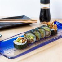 Spider Roll · Tempura style soft shell crab with cucumber, avocado, masago, and eel sauce. Includes ginger...