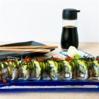Caterpillar Roll · Eel, kani and cucumber topped with avocado, masago and eel sauce. Includes ginger and wasabi.