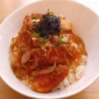 Chicken Katsu Don · Lightly breaded chicken cutlet, caramelized onions, egg, scallions in sweet soy dashi sauce ...