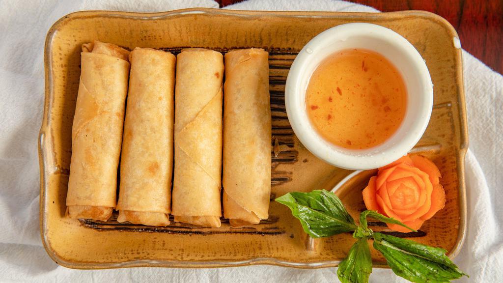 Crispy Thai Roll (4) · Four crispy rolls stuffed with ground chicken & veggies served with sweet & sour sauce.