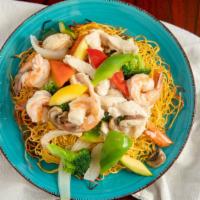 House Pan-Fried Noodle · Shrimp & chicken stir-fried with pea pods, red pepper, mushrooms, zucchini, yellow squash & ...