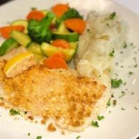 Baked Haddock · Local fresh haddock, white wine buttered crumbs. Choice of two sides