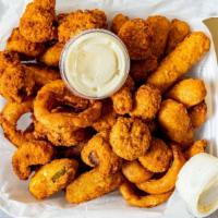 Large Sampler Platter · 6 poppers, 6 mozzarella sticks, breaded mushrooms and onion rings served with sauce and ranc...