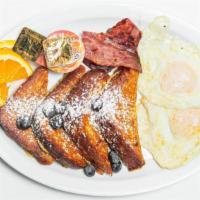 French Toast Plate · 2 eggs with your choice of ham, bacon or sausage.