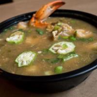 Seafood Gumbo · Cajun stew w/ shrimp, crabmeat, blue crab cluster, rice, & okra.