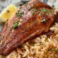 Blackened Grilled Catfish Plate · Choice of 1 or 2 grilled catfish w/ blackened seasonings served w/ Cajun rice or white rice.