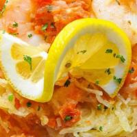 90 Minute Shrimp Scampi · Sous Vide Cilantro Butter Poached Shrimp / Spaghetti Squash / Popped Tomatoes / Lemon