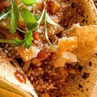 Achoite Bbq Chicken Tacos (2 Tacos) · White corn tortilla / BBQ chicken / mango salsa / Valintina sauce / fried onions / cotija ch...