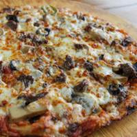 Philadelphia Pizza · Our homemade pizza dough topped with thin sliced Philly steak, onions, green peppers, mushro...