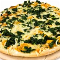 Spinach Pizza · Our homemade pizza dough topped chopped fresh spinach, onions, sliced tomatoes, and feta che...