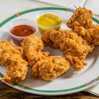 Fresh Chicken Tenders · Choice of BBQ sauce, honey mustard, or buffalo with blue cheese & celery.