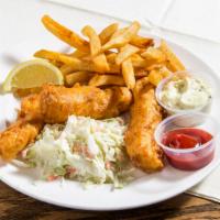 Fish And Chips · Ale-battered cod, French fries, cole slaw, tartar sauce.