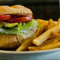 Grilled Chicken Sandwich · With lettuce, tomato and mozzarella cheese. Served on kaiser roll with lettuce and tomato wi...