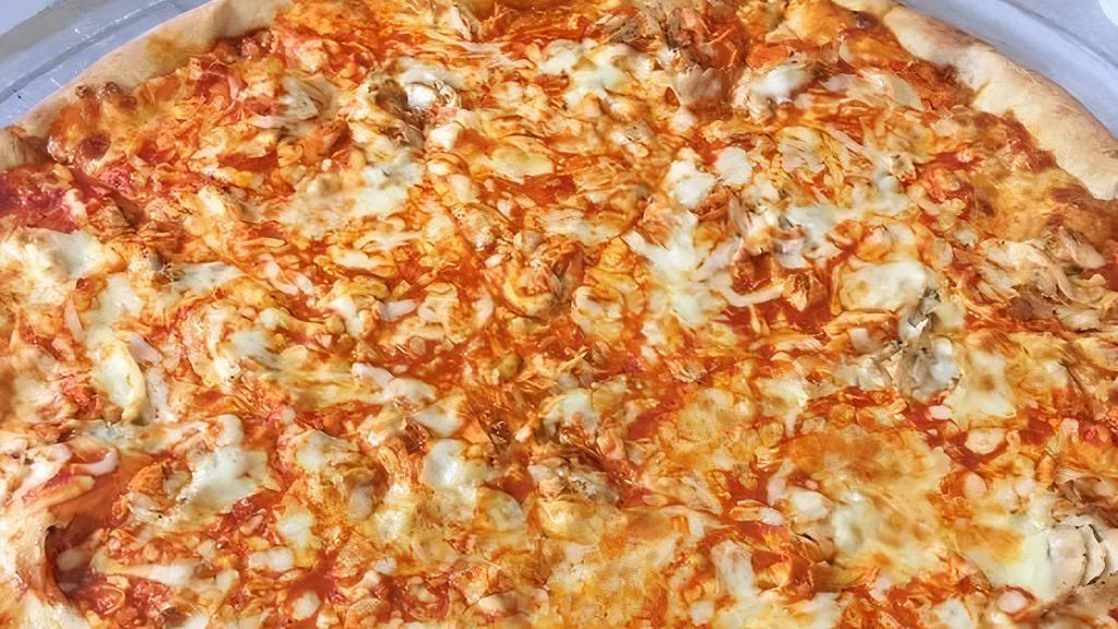 Buffalo Chicken Pizza · Hot sauce, chicken, mozzarella cheese and bleu cheese.