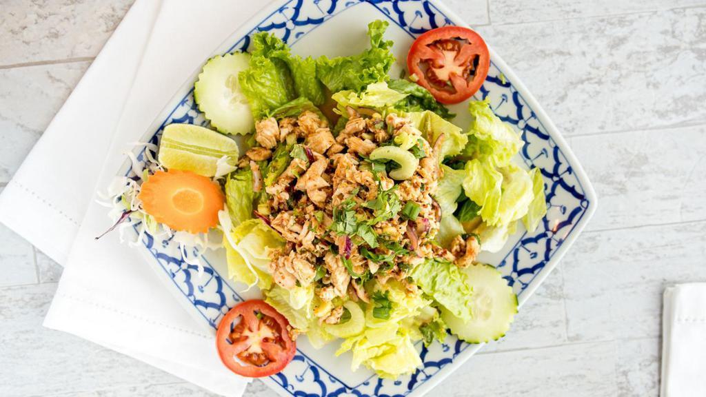 Larb · ROASTED RICE POWDER, ONION, GROUND CHILI, LIME JUICE, FRESH VEGETABLES , YOUR CHOICE OF MEAT.