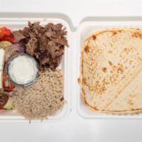 Dinner Plate · Served with tzatziki sauce, pita bread, your choice of fries or rice, and your choice of Gre...