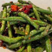 Dry Fried String Beans 芽菜干煸四季豆 · String bean, dry red pepper, Sichuan yacai( mustard green) . garlic, salt.