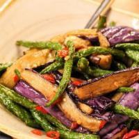 String Bean With Eggplant 四季豆炝炒茄子 · Ingredients: string bean, eggplant, dried chili pepper, garlic, duo jiao, salt, seasoned soy...