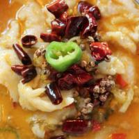 Yellow River Fish 金汤酸菜鱼片 · Ingredients:  Green pepper, swai fillet, pickled pepper and cabbage, duo jiao, pumpkin, salt...