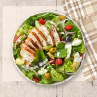 Chick Click Salad · Mixed greens, chicken, tomato, onion, cucumber, olives, and avocado tossed with house dressi...