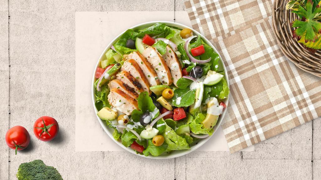 Chick Click Salad · Mixed greens, chicken, tomato, onion, cucumber, olives, and avocado tossed with house dressing.
