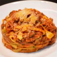 Tagliatelle Bolognese · Veal, beef, and pork.