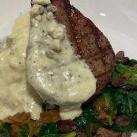 Grilled Filet Mignon · 8 oz filet, whipped potato, roasted mushrooms, caramelized onions, spinach, bleu cheese fond...