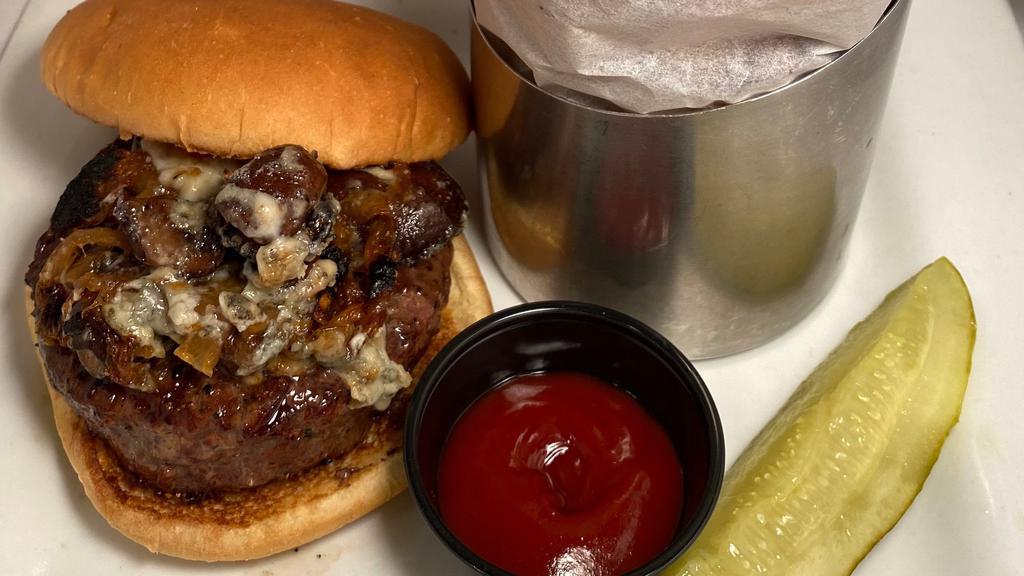 Fatmoon Burger · Grilled black angus beef, sauteed local exotic mushrooms, caramelized onion, jasper blue cheese.  Served with hand cut fries.