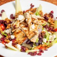 Caramelized Apple Salad · Caramelized walnuts, green apples, grilled chicken, dried cranberries, feta cheese over hous...