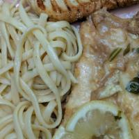 Française Entrée Lunch · Dipped in egg batter and sauteed served in white wine, lemon and butter sauce. Served over p...