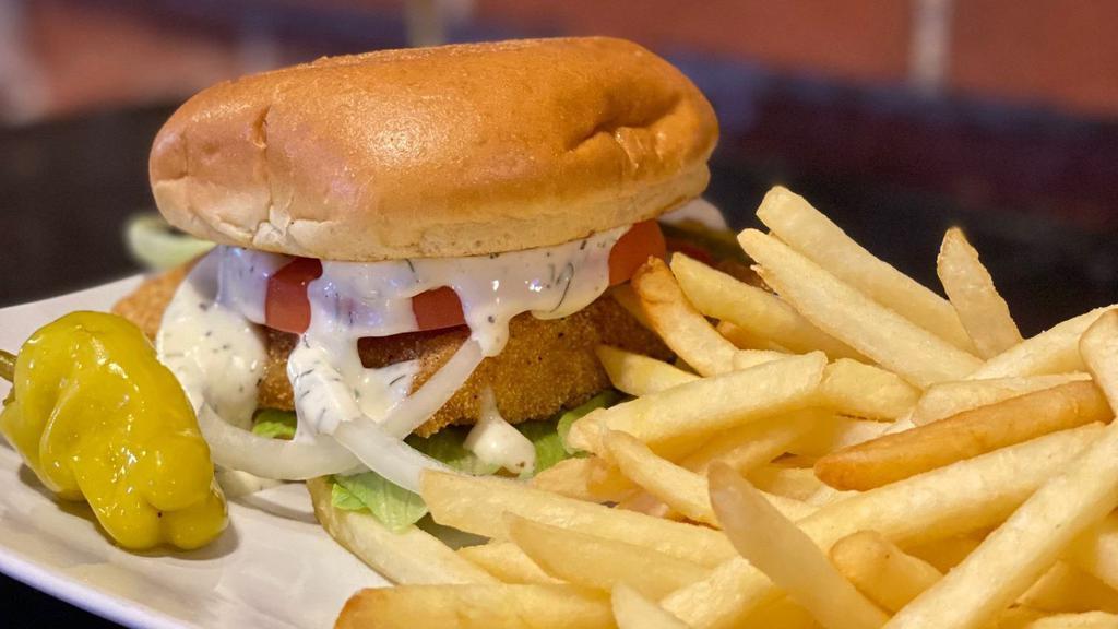 Fish Sandwich · Fried fish , lettuce, tomato, onion, pickle  w/ House Sauce served in Brioche Bun. French Fries included.