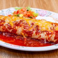 Cancun Burrito · Choice of ground beef shredded beef, shredded chicken, pork, or veggies. covered in red burr...