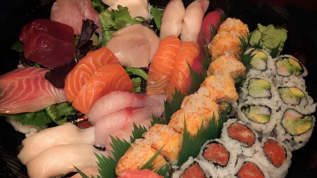 5 Sushi & Sashimi Combo · Five pieces of sushi, 10 pieces of sashimi and a California roll. Served with miso soup.