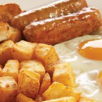 Two Fresh Eggs With Meal · Served with 3 sausage, ham or 3 strip of bacon, Home fries and Toast