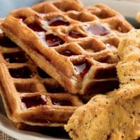 Chicken & Waffle · Comes with Belgian waffle, two eggs any style and three chicken tenders or three chicken win...