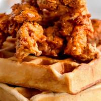 Chicken & Waffle (No Eggs) · Comes with Belgian waffle and three chicken tenders or three chicken wings.