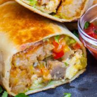 Double Meat Burrito (Sau+Bac) · Sausage, bacon, bell peppers, onions, tomatoes, homefries, scrambled eggs and melted Cheddar...