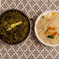 Palak Paneer · Cottage cheese cubes cooked in creamy gravy of spinach & spices.