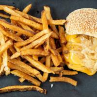 French Onion Smash Burger* · ½ lb. Beef (2 Griddled Patties), American Cheese, Cognac Onions, Sesame Seed Roll