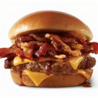 Bourbon Bacon Cheeseburger · A quarter-pound* of fresh, never-frozen beef topped with Applewood smoked bacon, American ch...