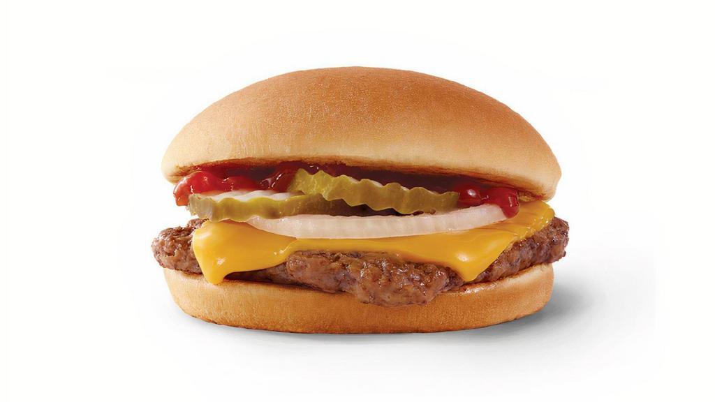 Cheeseburger · Fresh beef topped with cheese, pickles, onion, ketchup, and mustard on a toasted bun. It’s done just right, and just the right size.