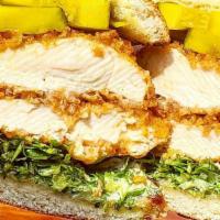 Buttermilk Fried Chicken Sandwich · Mikes hot Honey, Zucchini Bread & Butter Pickles, Shredded Lettuce, Herb Ranch, Brioche Bun,...
