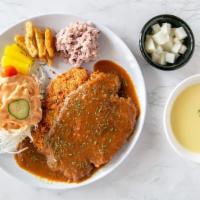 Pork Katsu · Deep-fried pork cutlet with katsu Guys gravy sauce, cream soup, crab meat - potato salad, an...