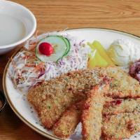 Fish Katsu · Deep-fried basa fillet cutlet with tartar sauce, 2 deep-fried shrimp, cream soup, crab meat ...